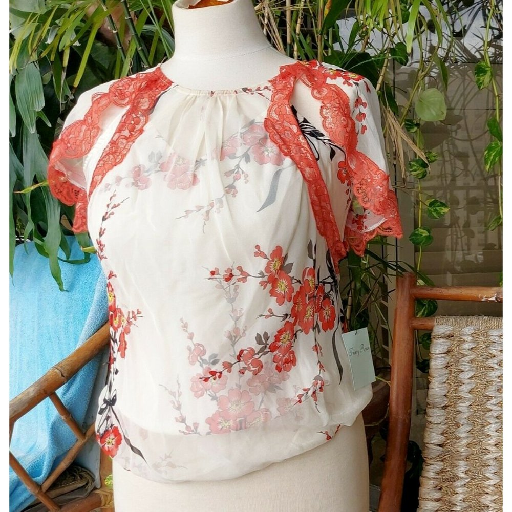 Vintage Tracy Reese 100% Silk Top Orange Flowers and Lace sz 8. New w/Tag